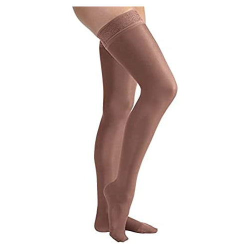 JOBST UltraSheer Thigh High with Lace Silicone Top Band, 15-20 mmHg Compression Stockings, Closed Toe, Medium, Espresso