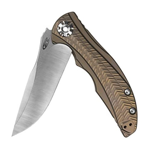 Zero Tolerance 0609 Pocketknife; 3.4-inch CPM 20CV Drop Point Blade with Two-Toned Finish; 3D Textured Titanium Handle, Anodized Bronze; KVT Ball Bearing Manual Open; Reversible Pocketclip; 3.3 oz