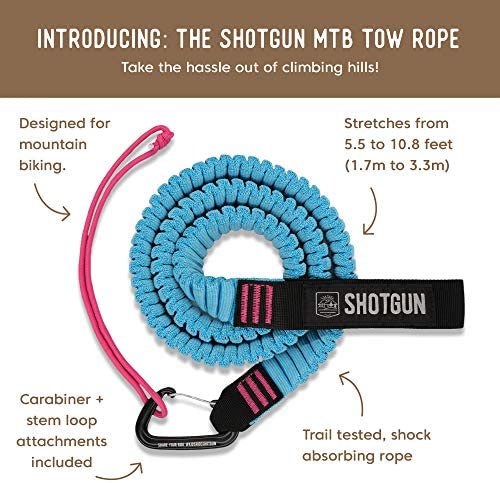 Shotgun Kids MTB Tow Rope - Child Bike Stretch Bungee Cord Pull Behind Attachment | Compatible with All Mountain Bikes | Easier Hill Climbs | Bigger Family Rides | Shock Absorbing | Load Rating 500lb