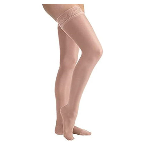 JOBST UltraSheer Thigh High with Lace Silicone Top Band, 15-20 mmHg Compression Stockings, Closed Toe, Large, Honey
