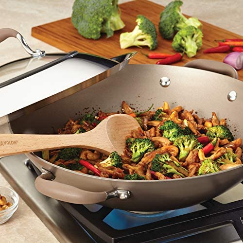 Anolon Advanced Hard Anodized Nonstick Wok/Stir Fry Pan with 13 Inch Wooden Spoon, 14 Inch, Light Brown