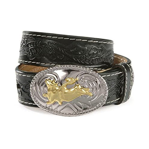 Nocona Boots Boys' 1-1/4" Tooled Bull Rider Floral Leather Western Belt Buckle, Black, 20