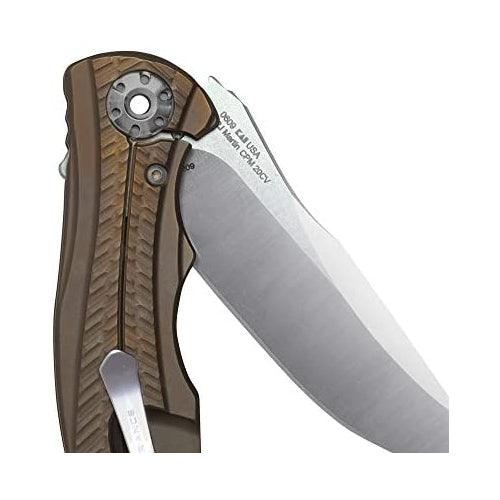 Zero Tolerance 0609 Pocketknife; 3.4-inch CPM 20CV Drop Point Blade with Two-Toned Finish; 3D Textured Titanium Handle, Anodized Bronze; KVT Ball Bearing Manual Open; Reversible Pocketclip; 3.3 oz