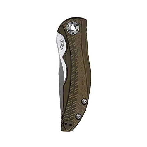 Zero Tolerance 0609 Pocketknife; 3.4-inch CPM 20CV Drop Point Blade with Two-Toned Finish; 3D Textured Titanium Handle, Anodized Bronze; KVT Ball Bearing Manual Open; Reversible Pocketclip; 3.3 oz