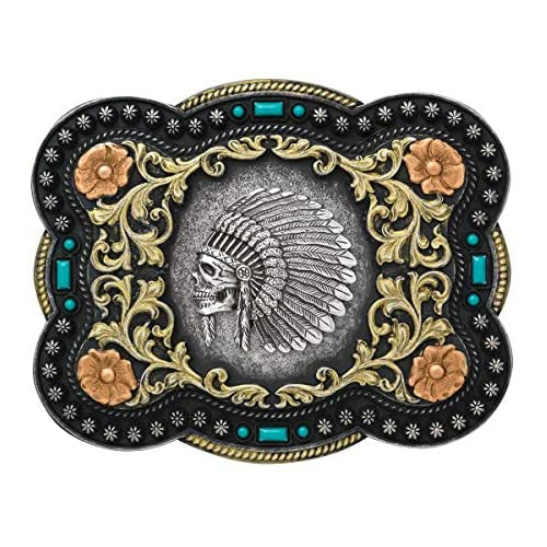 Nocona Boots Men's Standard Indian Chief Skull Floral Scroll Antique Silver Western Belt Buckle 37038, 4" x 3.25"