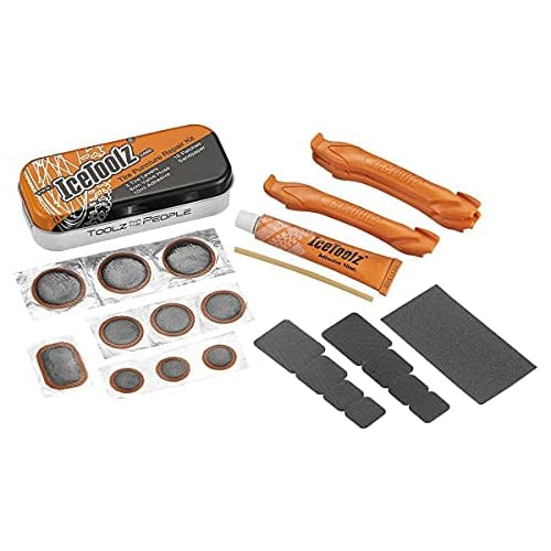 IceToolz Bicycle Tire Puncture Repair Kit | Patch Tool Road Emergency | Orange Tin Box