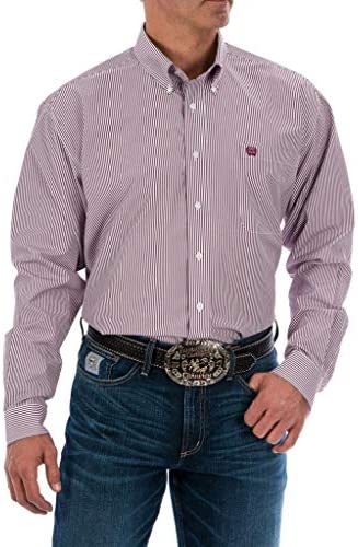 Cinch Men's Classic Fit Long Sleeve Button One Open Pocket Stripe Shirt, Burgundy, XS