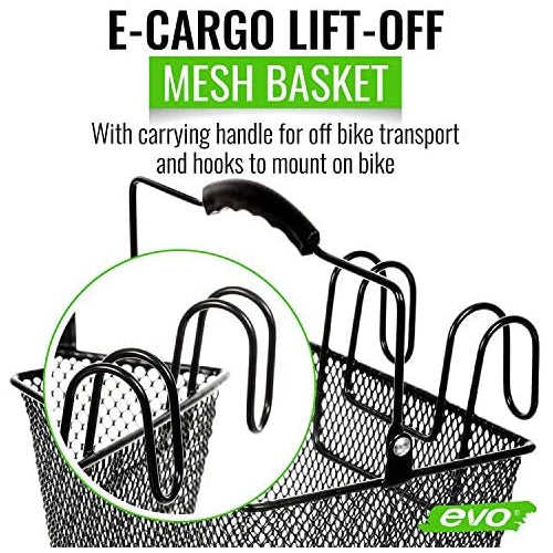 evo E-Cargo Handlebar Bicycle Basket - Lift-Off Steel Mesh Wire Bike Basket - Black