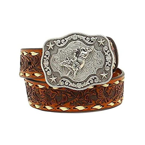 Nocona Boots Boys' 1-1/4" Bull Rider Floral Embossed Leather Western Belt Buckle, Tan, 20