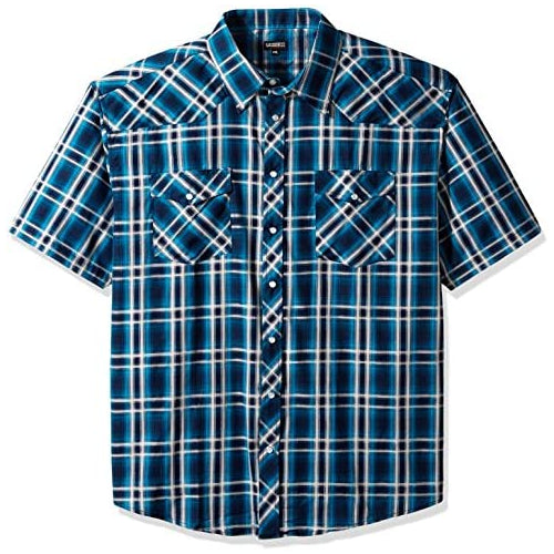 Gioberti Men's Short Sleeve Plaid Western Shirt, Turquoise / Navy, Large