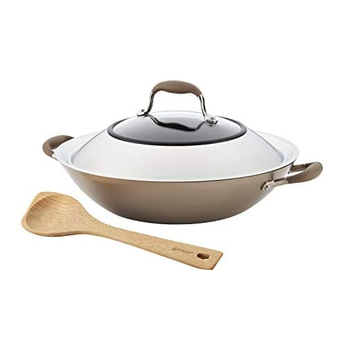 Anolon Advanced Hard Anodized Nonstick Wok/Stir Fry Pan with 13 Inch Wooden Spoon, 14 Inch, Light Brown