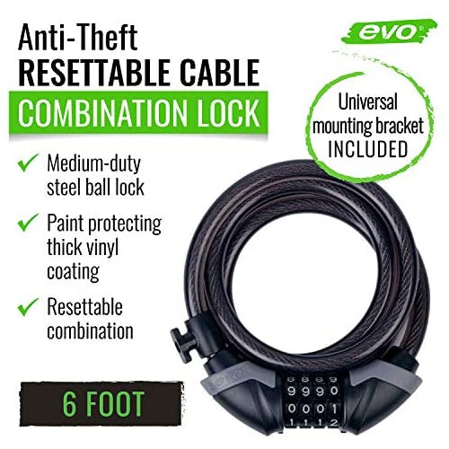 evo Lockup Bike Lock Cable, Resettable Combination Bike Lock with Mounting Bracket, 6-Foot, 8mm, Black