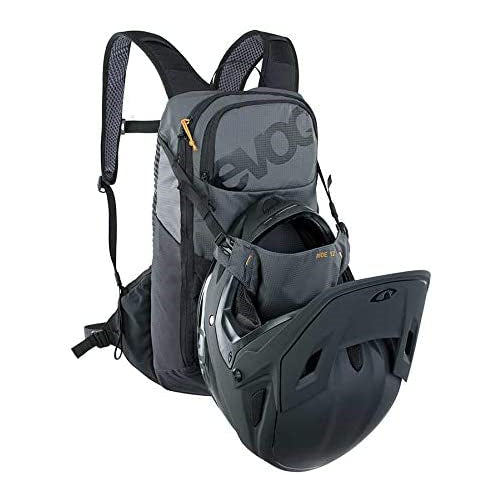 evoc Ride 12 Backpack | Hydration Backpack for Biking, Hiking, Climbing, Running | 12L Capacity | Holds Up to 3L Hydration Bladder (2L Included) | Helmet Transport Flap Included, Carbon/Grey